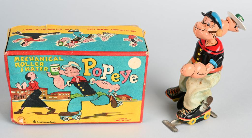 LINEMAR Tin Windup POPEYE ROLLER SKATER w/ BOX: Very nice Linemar tin windup Popeye Roller Skater. All original with very nice colors. Windup works. Comes with colorful Box. 7"