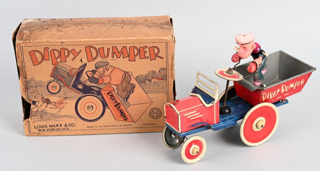 MARX Windup POPEYE DIPPY DUMPER w/ BOX: Marx tin and celluloid Popeye Dipper Dumper. All original with nice colors. Windup works. With Box. 8 1/2" Excellent
