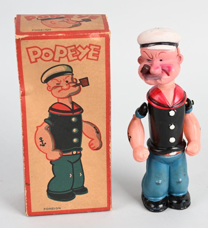 8" JAPAN CELLULOID WINDUP POPEYE w/ BOX: Very nice all original celluloid windup Popeye. Has very nice colors. Still has import sticker on the toy. Windup works. With box. 8" Excellent