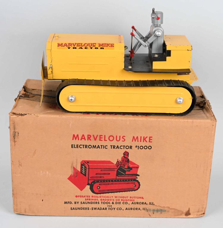 SAUNDERS Battery Op MARVELOUS MIKE ROBOT TRACTOR: Great looking battery operated Robat riding a Tractor. All original and complete. Worked when tested. Boxed 16" Excellent