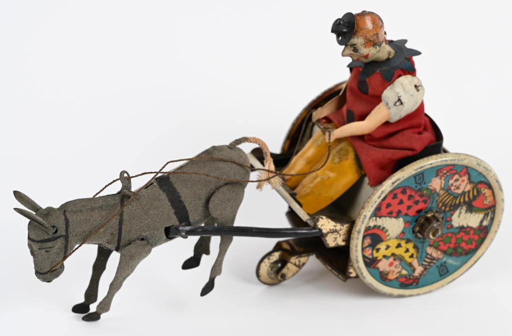 GERMAN LEHMANN tin windup CLOWN BALKY MULE: Great looking toy all original and in working condition. Light wear. 7 3/4", Very Good-Excellent