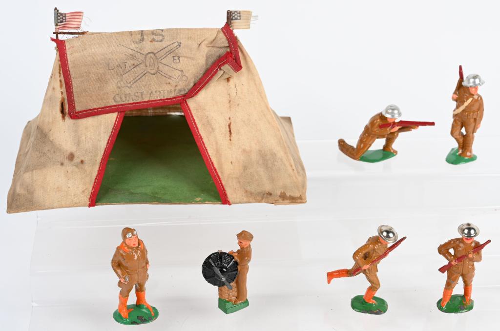 6- MANOIL & BARCLAY SOLDIERS & TENT: Nice lot of 6 lead Soldiers and Tent 3" Excellent