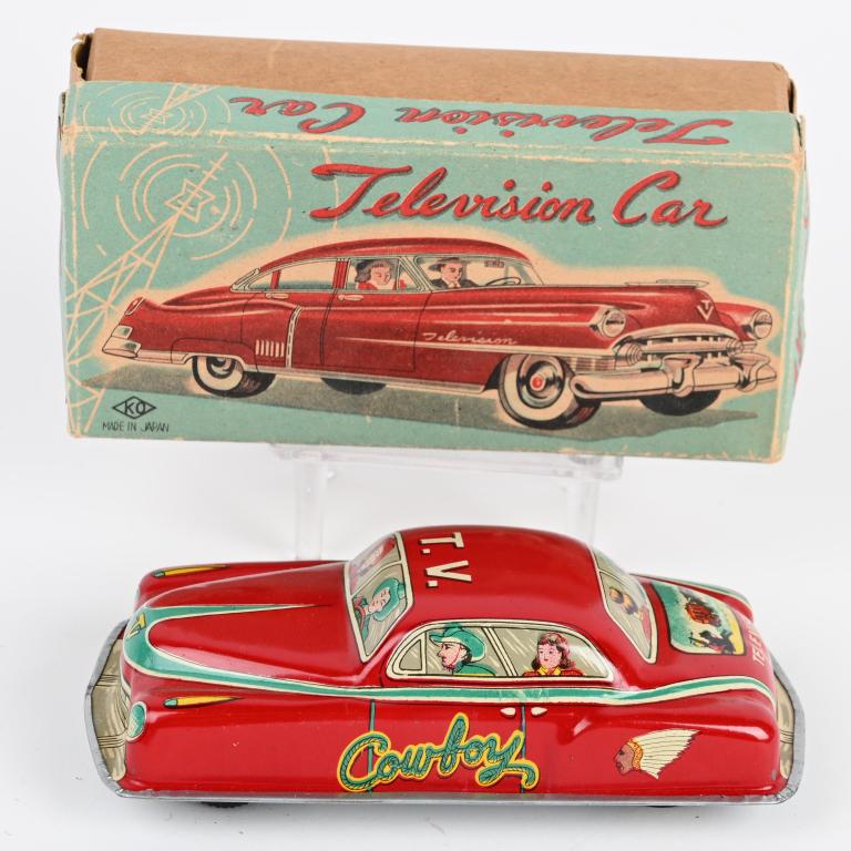 JAPAN Tin Friction TELEVISION CAR w/ BOX: All original with nice graphics. Friction works. Boxed 7" Excellent (From the Danny Kubert Collection)
