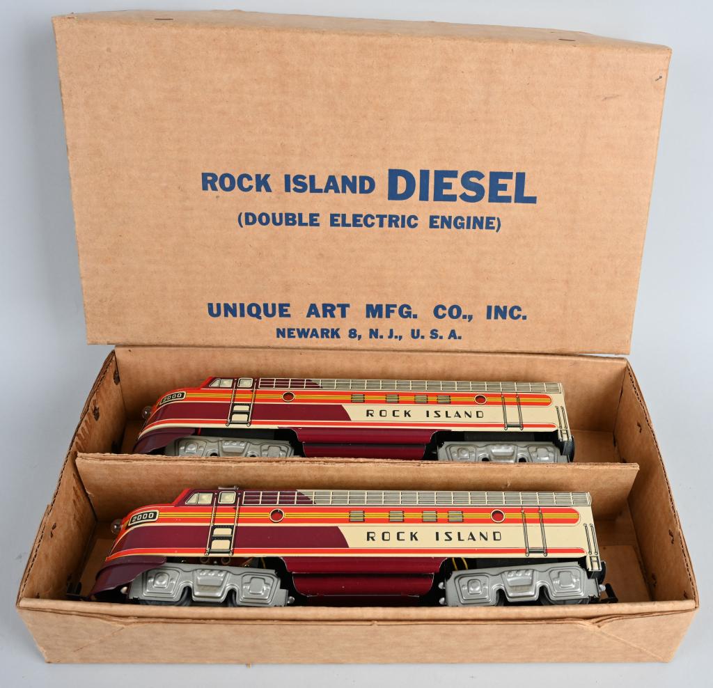 UNIQUE ART ROCK ISLAND DIESEL ELECTRIC AA ENGINES: New Old Stock pair of Rock Island Electric AA Diesel Engines. With Box and Instructions. 17 1/2" Excellent (From the Danny Kubert Collection)