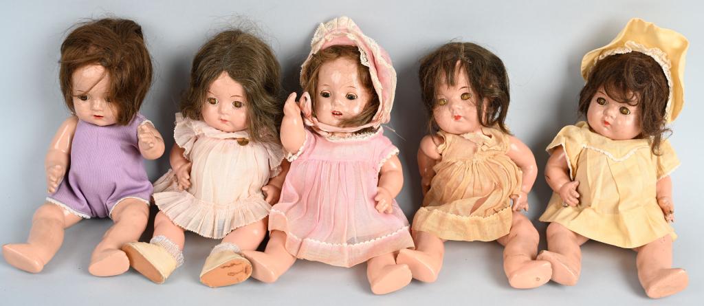 MADAME ALEXANDER COMPOSITION 11" DIONNE QUINT SET: Set of 11" Madame Alexander Dionne Quint Dolls. All composition. With outfits. Very Good-Excellent