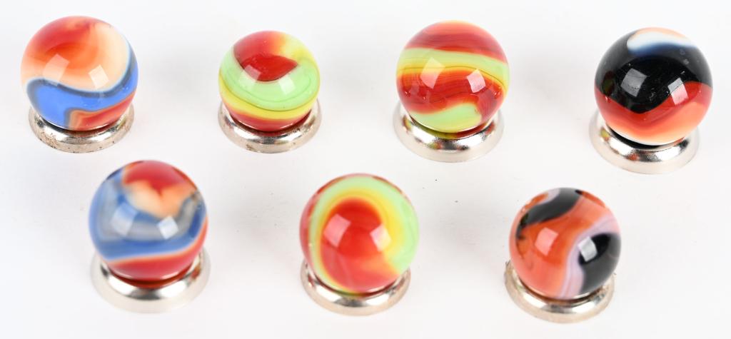 7-AKRO AGATE TRI-COLOR CORKSCREWS MARBLES: Lot includes 2 Liberty and 3 Lifesaver. Size 11/16". Near Mint