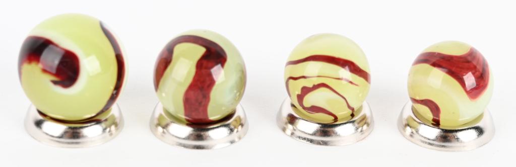 4-AKRO AGATE LEMONADE OXBLOODS MARBLES: The marbles sizes are 3/4" to 5/8". Marbles contain nice amount of oxblood. Mint minus