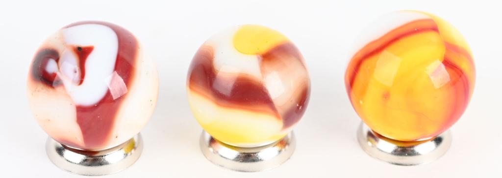 LOT OF 3 PELTIER SHOOTER MARBLES: Marble size 7/8" to 15/16". Mint minus to near mint.
