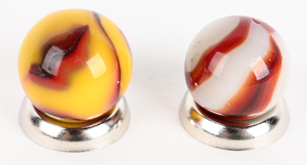LOT OF 2 RARE PELTIER MARBLES-RUBY BEE: Nice lot of two Peltier Ruby Bee 11/16" with nice aventurine. Black and silver. Red Bee has heavy silver aventurine-5/8" Mint minus.