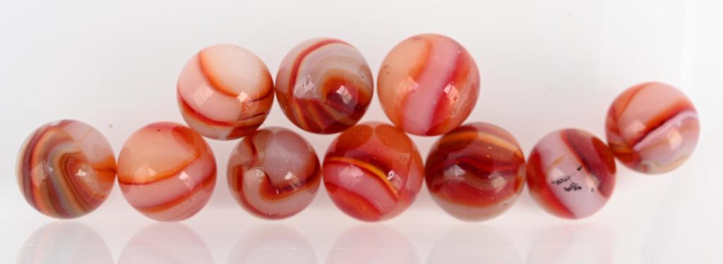 Lot of 10 Peltier Tracer Marbles: 10 beautiful Peltier tracer type marbles referred to as Bloody Marys. Size is 5/8" and mint -