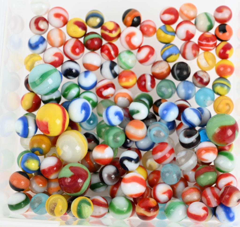 150+ AKRO CORKSCREW MARBLES: Lot of about 159 mulitcolor Akro corkscrews and snakes. 9/16" to 1" diameter. Excellent