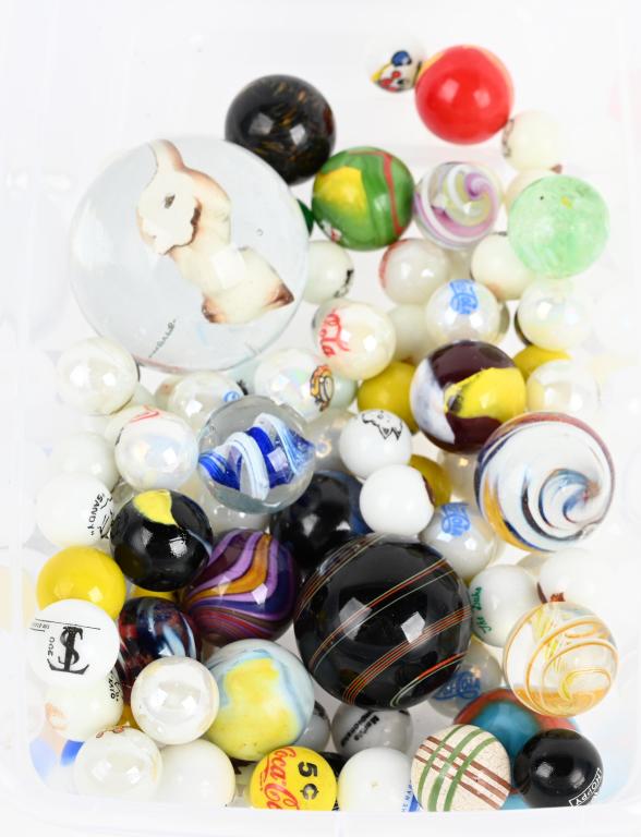 90+ CONTEMPORARY MARBLES: Lot includes about 99 contemporary marbles. There are logo marbles, modern machine marbles, and contemporary artist marbles. 9/16" to 2 7/8" diameter. Excellent