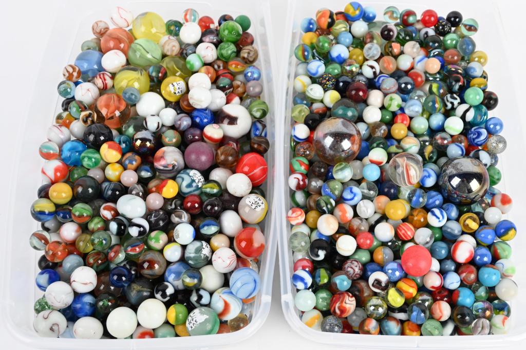 2- 6 QUART CONTAINERS OF MARBLES: Huge lot of 2- 6 quart containers of vintage to newer marbles. Very Good-Excellent
