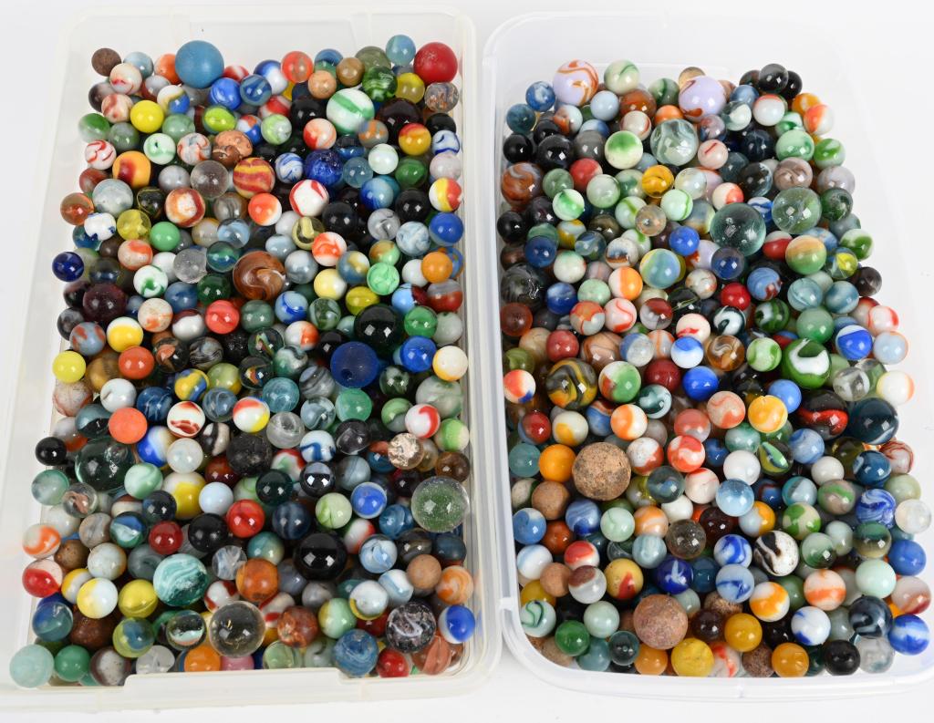 2- 6 QUART CONTAINERS OF MARBLES: Huge lot of 2- 6 quart containers of vintage to newer marbles. Very Good-Excellent