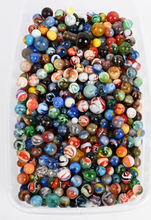 6 QUART CONTAINER OF MARBLES: Large lot includes vintage to newer marbles. Very Good-Excellent
