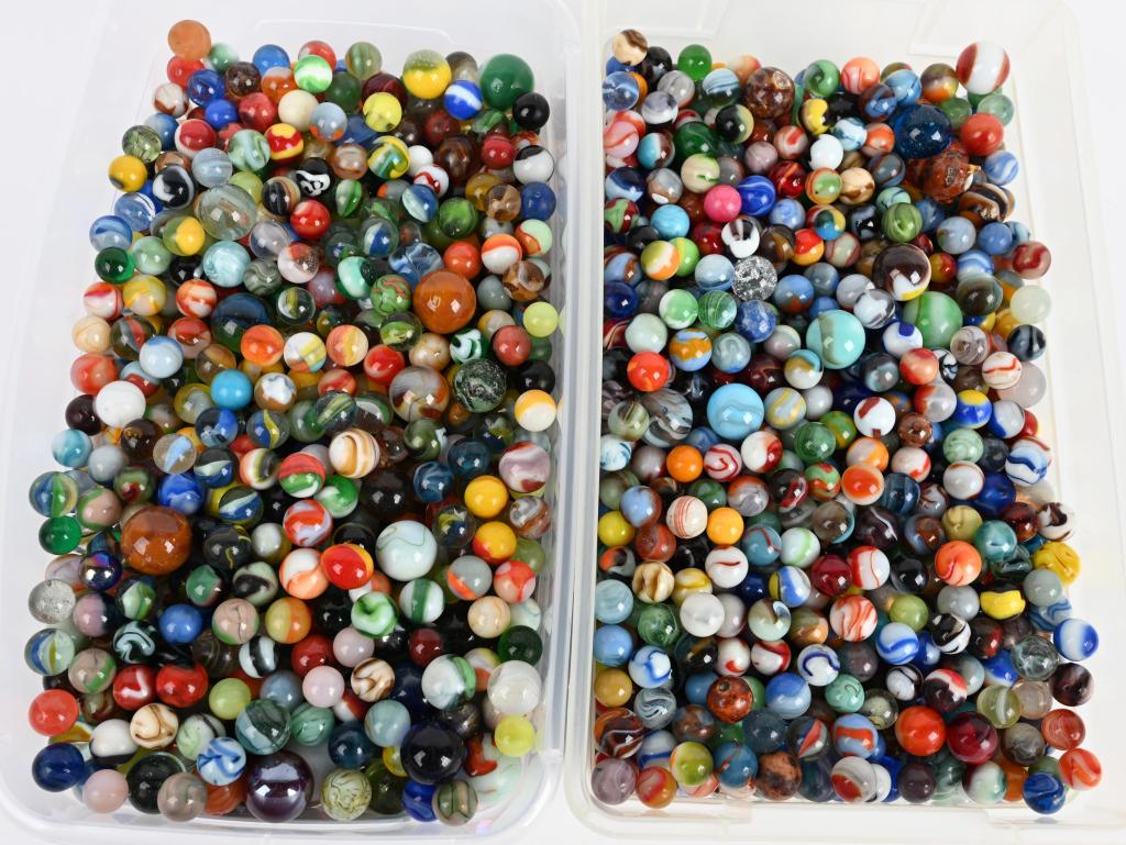 2- 6 QUART CONTAINERS OF MARBLES: Huge lot of 2- 6 quart containers of vintage to newer marbles. Very Good-Excellent