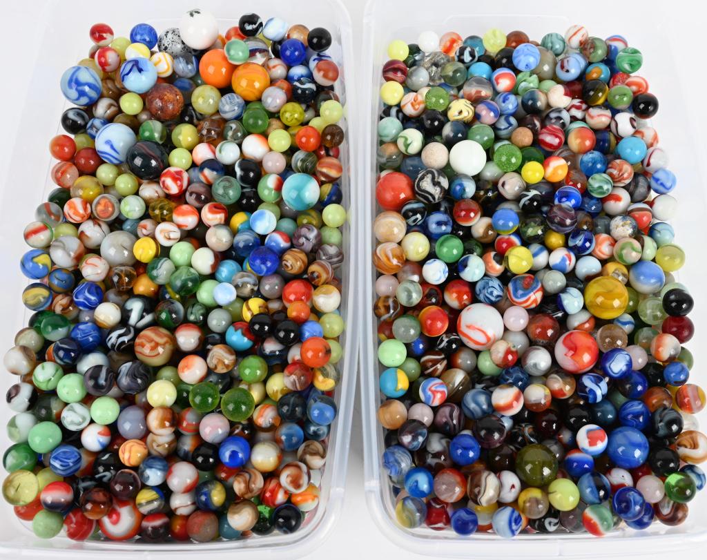 2- 6 QUART CONTAINERS OF MARBLES: Huge lot of 2- 6 quart containers of vintage to newer marbles. Very Good-Excellent