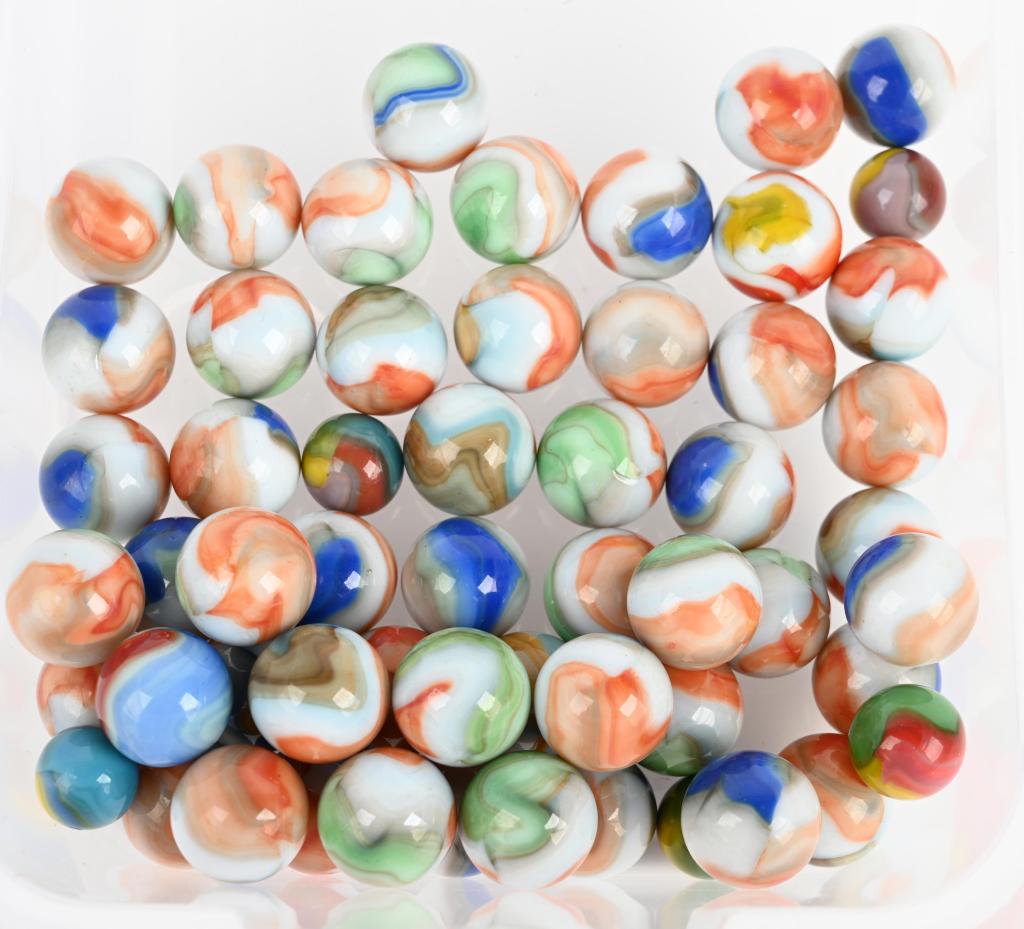 50+ VITRO SHOOTER MARBLES: Nice lot of about 53 marbles includes multicolor shooters, 3 Parrots and 2 Sweet Peas. Size 21/32" to 7/8" diameter. Excelelnt