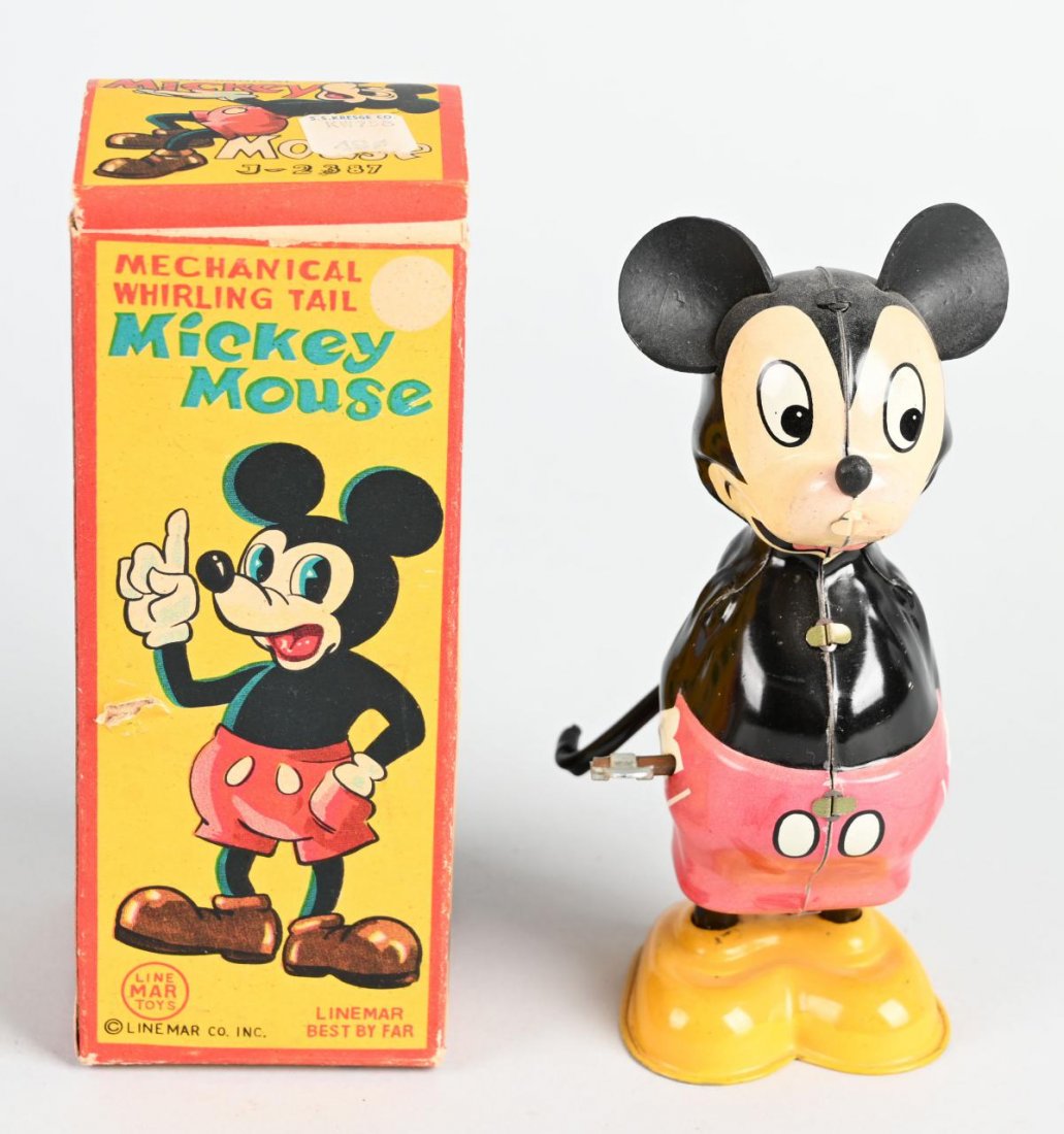 LINEMAR Tin Windup MICKEY MOUSE WHIRL TAIL w/ BOX: Nice Linemar Mickey Mouse Toy. All original and working. Red on toy is kinda off red, but looks to be factory. With Box. 6\" Excellent