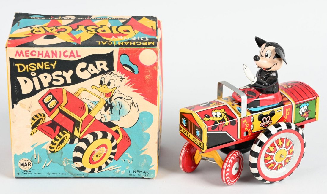 LINEMAR Tin Windup MICKEY MOUSE DIPSY CAR w/ BOX: Excellent Mickey Mouse Dipsy Car. All tin version. Has very nice colors and graphics. Shows almost no play wear. Windup works. Boxed 6\" Excellent