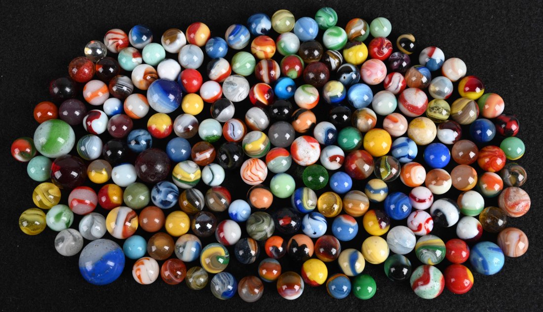 LARGE LOT OF VINTAGE MARBLES: Nice large lot of marbles. Various sizes most from 5/8\" to 1\". Condition varies. Very Good-Excellent
