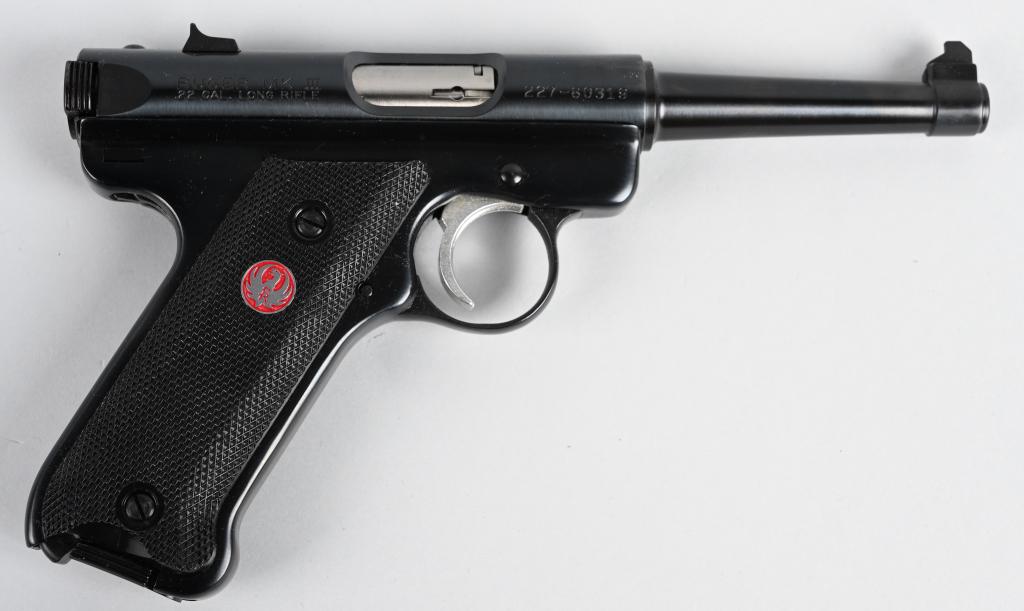 RUGER MKIII SEMI AUTO .22 PISTOL: SERIAL 227-80319. BARREL 6". CALIBER .22 LR. This is an all time classic first produced in 1949 and has become an iconic .22 semi-automatic pistol. Features blue finish, wind drift rear sight, high bl