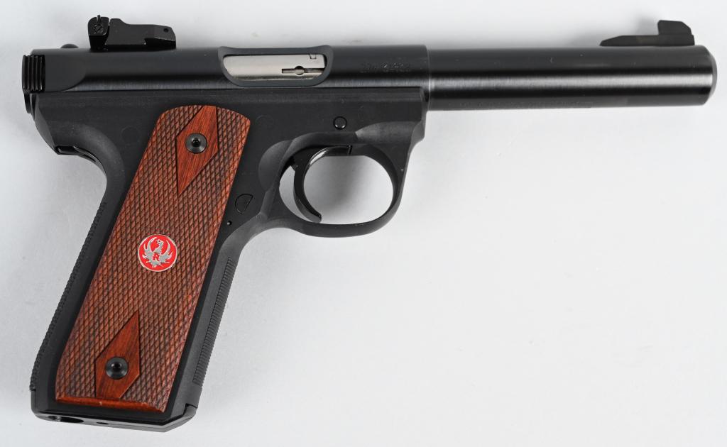 RUGER TARGET MODEL MKIII SEMI AUTO PISTOL: SERIAL 274-34938. BARREL 7". CALIBER .22 LR. Classic .22 target pistol that features a heavy barrel, target adjustable rear sight, high blade front sight, blue finish with diamond checkered grips and 