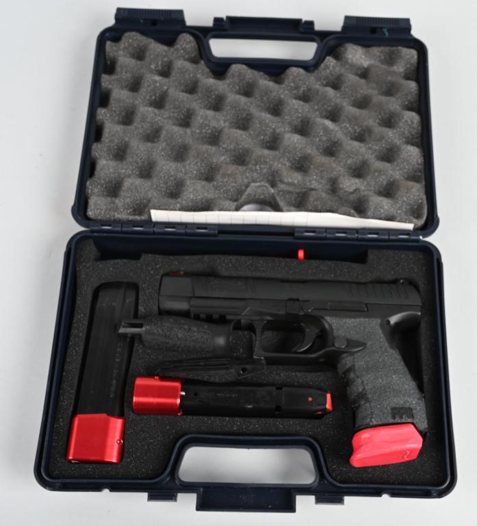 BOXED WALTHER MODEL PPQ SEMI AUTO PISTOL: SERIAL FCL4938. BARREL 4.75". CALIBER 9MM. Features alloy frame, bottom rail, matte finish, white dot adjustable rear sight, red dot front sight. German made. Comes with three magazines. As new in box