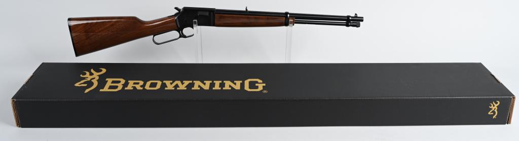 BOXED BROWNING BL-22 LEVER ACTION 22 RIFLE: SERIAL 04471ZM242. BARREL 16" CALIBER: 22 LR / L / S LEVER ACTION. Smooth gloss wood stock, blue finish, blade front sight . Comes in original factory box with original factory owner's manual and pape