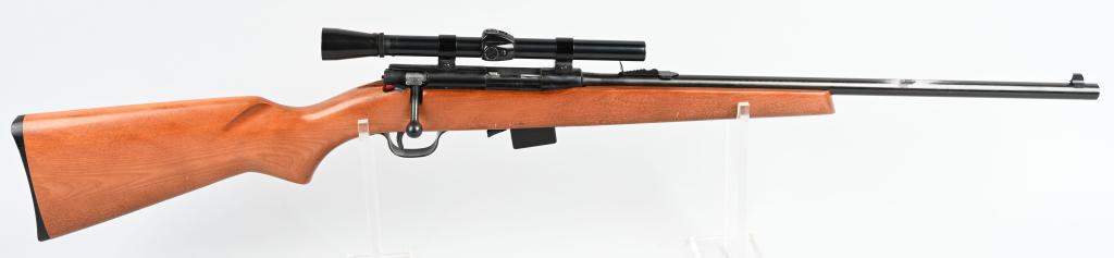 SEARS MODEL 20 BOLT ACTION .22 RIFLE: SERIAL NSN. BARREL 20.5". CALIBER .22 RIMFIRE. Basic magazine fed .22 bolt action store brand rifle features a plain pistol grip hardwood stock, blue finish, sporting sights and sports a Sears 4x scop