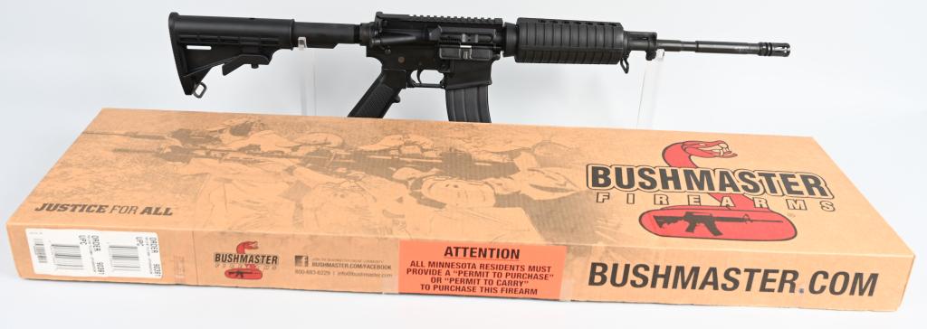 BUSHMASTER MODEL XM-15-E23 SEMI AUTO RIFLE: SERIAL ARG 202645. BARREL 16". CALIBER .223/5.56. Built on AR-15 platform but renowned Bushmaster company. Features full Picatinny rail, adjustable stock, pistol grip, compensator, sling swivels, matt