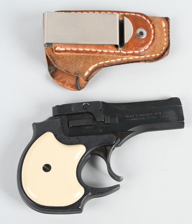 HIGH STANDARD OVER UNDER .22 MAGNUM DERINGER: SERIAL 2353723. BARREL 3.5". CALIBER .22 MAGNUM RIMFIRE. This was a New York City detective gun and spent it's entire life in a holster. About 80% original blue remains with edge wear overall. Faux iv