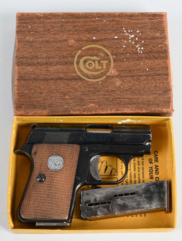 BOXED COLT .25 AUTO POST WAR MODEL: SERIAL OD17772. BARREL 2". CALIBER .25 ACP. These were made from 1973-75 only and were made in America by Firearms International for Colt and have all Colt markings with blue finish, checkered walnut 