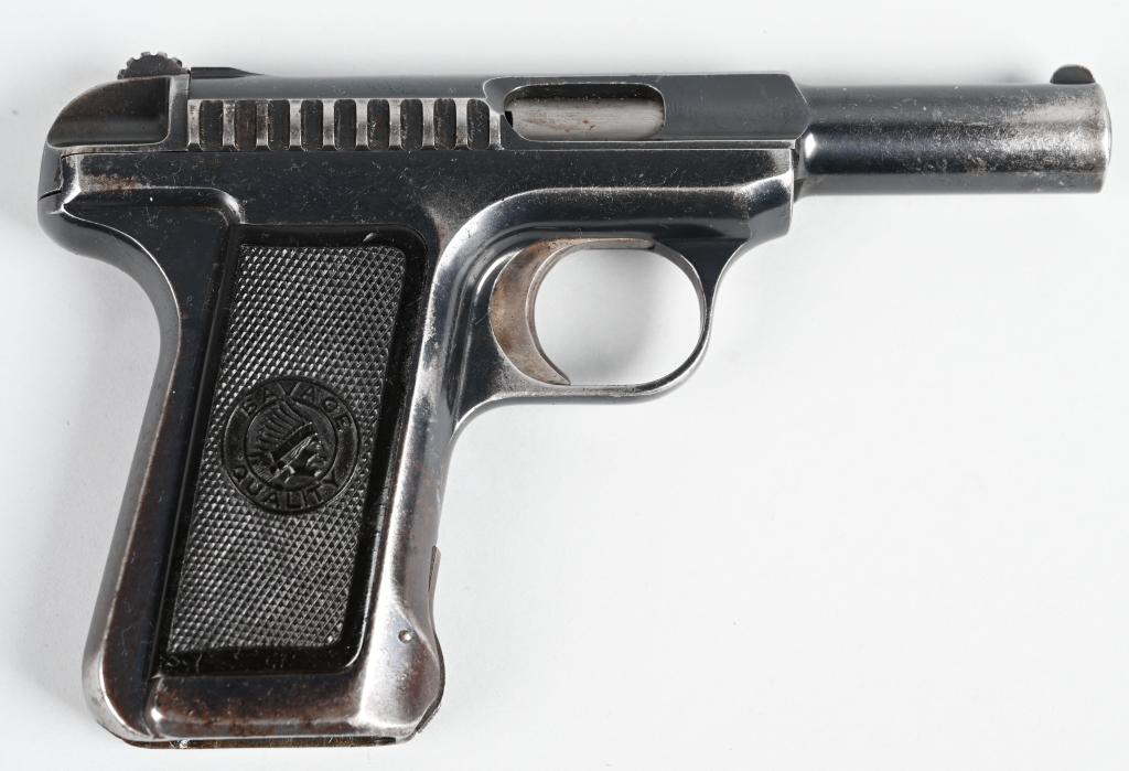 SAVAGE MODEL 1907 SEMI-AUTOMATIC PISTOL: SERIAL 183655. BARREL 3.75". CALIBER 7.65MM. MADE IN 1917 ONLY. Features blue finish,, fixed sights, Indian Head gutta percha grips but no magazine. Gun shows holster wear, especially along left side 