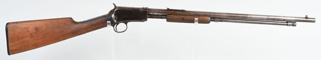 WINCHESTER MODEL 1906 SLIDE ACTION .22 RIFLE: SERIAL 101758. BARREL 20". CALIBER .22 SHORT. MADE IN 1908. Third year production with round barrel, tube magazine, original barrel sights, take down, blue finish, walnut stocks and Winchester gutta p