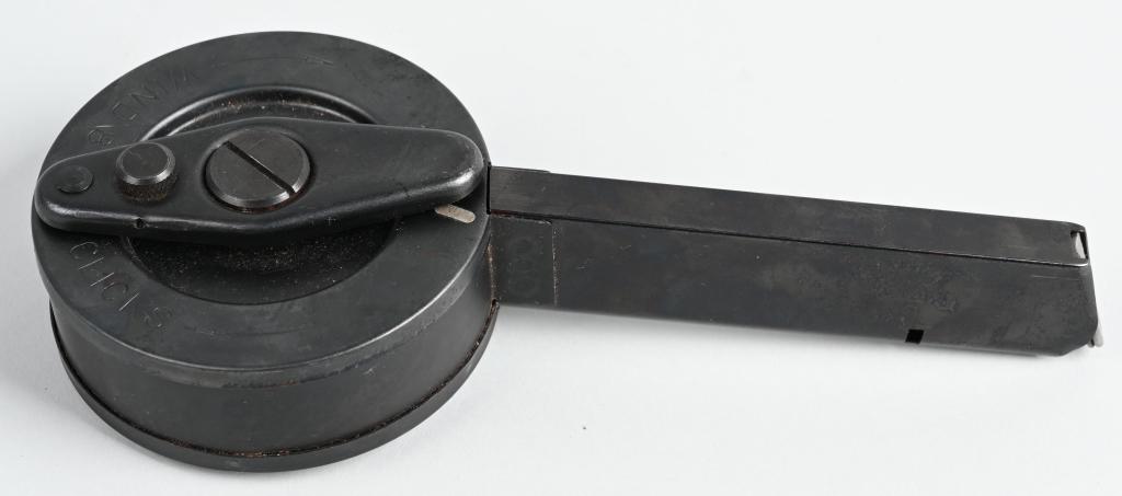 BINGHAM LTD TAYLOR MKI 45 DRUM MAGAZINE: A 28 round drum magazine for a 1911 pistol. Front of magazine is marked "Taylor MK.I. 45, Patent Pending, Bingham LTD., Atlanta". Magazine is in excellent condition. This example has metal follower.