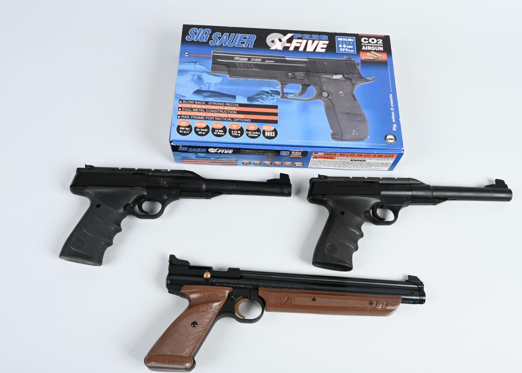 4- AIR PISTOLS "LIKE NEW CONDITION": Includes SIG SAUER X-FIVE .177 AIR PISTOL WITH BOX, 2- BROWNING BUCK MARK URX .177 AIR PISTOLS, AND AMERICAN CLASSIC .177 AIR PISTOL. ALL LIKE NEW