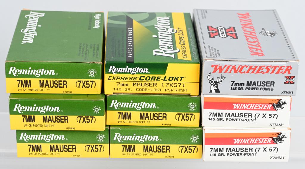 180- 7MM MAUSER RIFLE AMMUNITION: 100 remington 7mm Mauser (7x57) 140 GR Pointed Soft Pt, 40 Winchester 7mm Mauser (7x57) 145 GR Power Point, 20 Remington Express Core Lokt 7mm Mauser (7x57) 140 GR Core-Lokt PSP, and 20 Winchester 7mm