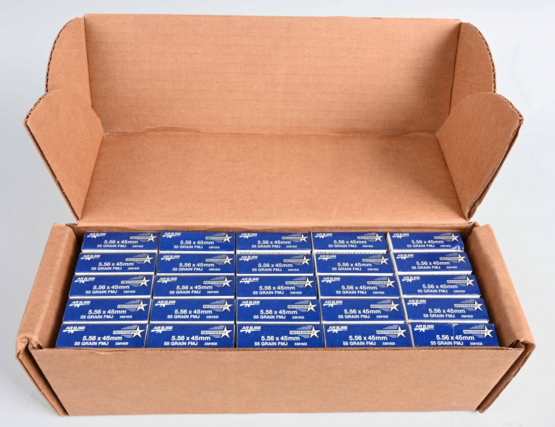 25 BOXES 500 ROUNDS 5.56 AR AMMO: Case of 25 20-round boxes of 5.56 ammo, as used in the AR platform rifles. Approximately 500 Rounds, manufactured by Independence 55 GRAIN FMJ. Excellent
