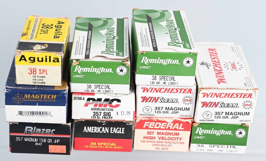 (11) BOXES OF MISC. .38 SPECIAL- .357 MAG. AMMO: Includes 1 box Magtech .357 158 gr, SJSP, 50 ROUNDS, I BOX PMC .357 MAG 124 GR. FMJ, 39 RDS, 1 BOX BLAZER .357 158 GR. JHP, 46 ROUNDS, 1 BOX FEDERAL 357 158 GR LEAD, 50 RDS. , 2 BOXES WINCHESTER .357 