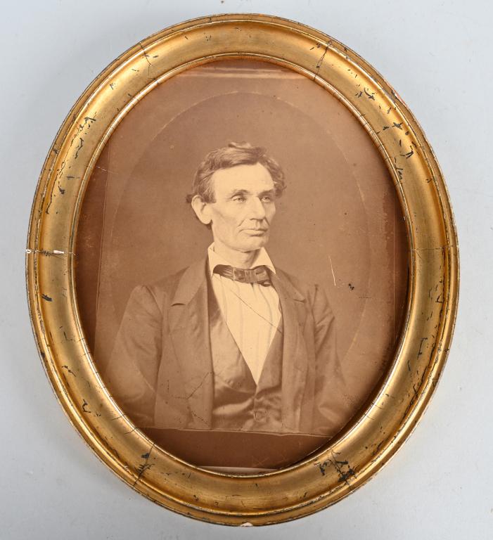 GEORGE B. AYERS COPYRIGHT EARLY LINCOLN PICTURE: Abraham Lincoln Albumen Portrait, Originally Taken by Alexander Hesler, Printed From the Original Negative by George B. Ayers, Circa 1881. Approximately 12" x 9.5" with "Copyright / Geo. B. Ayers / Ph