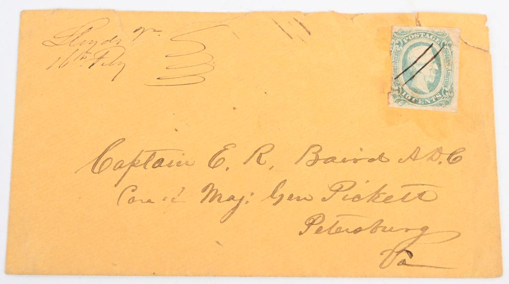CIVIL WAR CONFEDERATE ENVELOPE MG GEORGE PICKETT: Civil War Envelope addressed to Major General George Pickett during the Petersburg Va. Campaign. The letter was written by an unknown Officer and is address to Captain E. R. Baird ADC Care of Maj. Gen