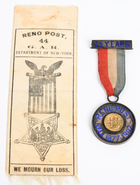 STELLAR CIVIL WAR GAR BADGE & RIBBON 83rd NY: Civil War GAR engraved Reno Post No.44 badge (appears to be silver) and post ribbon. Badge is presented to Frank Martin for 25 years of continuous membership. The Reno post was located in Brooklyn, Ne