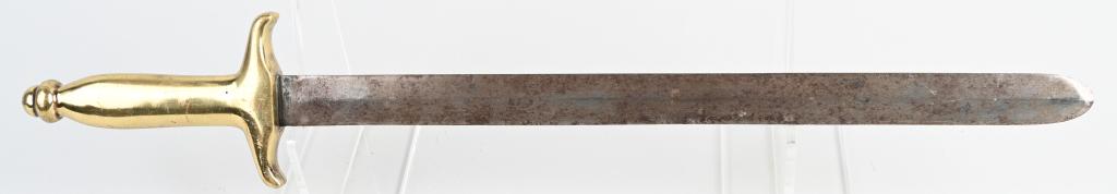 VINTAGE BRASS HILT SHORT SWORD: Sword has heavy cast brass hilt that is pinned to blade through quillon. Double edge blade is 17 1/2" and is rounded at point. 23 1/2" overall. Very Good