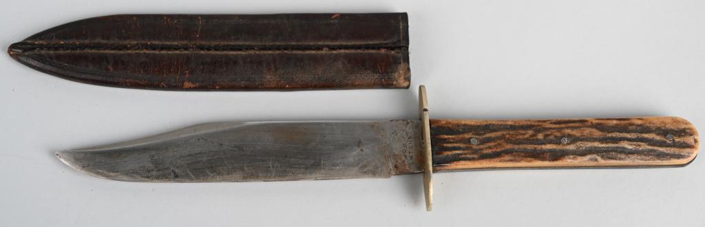 19th CENT. SIDE KNIFE w/ SHEATH, NEWTON-SHEFFIELD: Very nice original mid 19th century side knife measuring 8 3/4" with a 5" blade. Single edge blade has clipped point and is maker marked "John Newton & Co. Sheffield". The knife has nice stag grips an