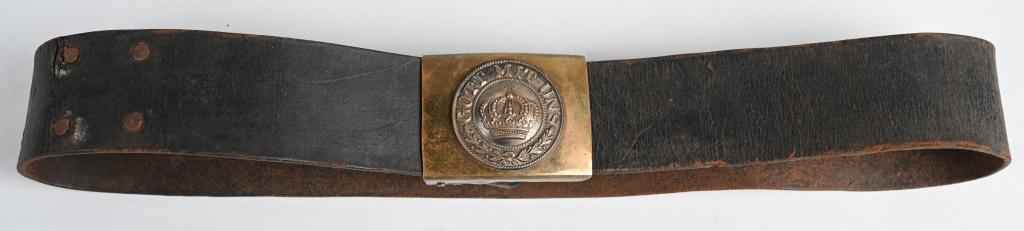 PRE WW1 IMPERIAL GERMAN M1895 BELT AND BUCKLE: 1895 pattern two-piece brass and nickel/silver construction Prussian belt buckle. The 45mm, slightly convex, stamped metal box buckle, features, against its plain, obverse field, a crown to its domed 