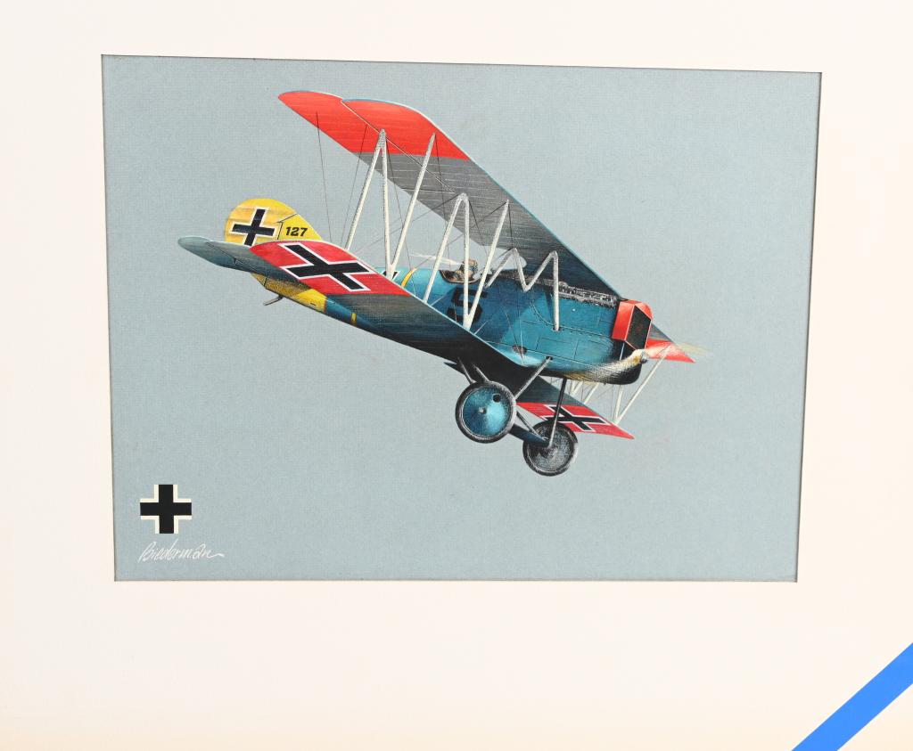 WW1 IMPERIAL GERMAN Pfalz D.VII PAINTING BIEDERMAN: WWI original aircraft on art board that measures 25?x 20?. Illustrated image measures 19?x 14.25?. This particular aircraft is identified at the bottom and sighed by the artist. Jerome Biederman was b