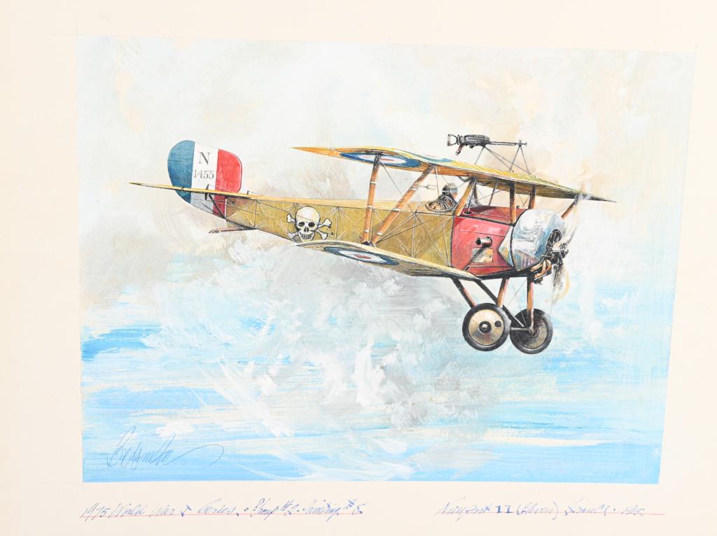 WW1 SIEMENS SCHUCKERT D.III PAINTING BIEDERMAN: WWI original aircraft on art board that measures 25?x20?. Illustrated image measures 19?x14.25?. This particular aircraft is identified at the bottom and sighed by the artist. Jerome Biederman was bor