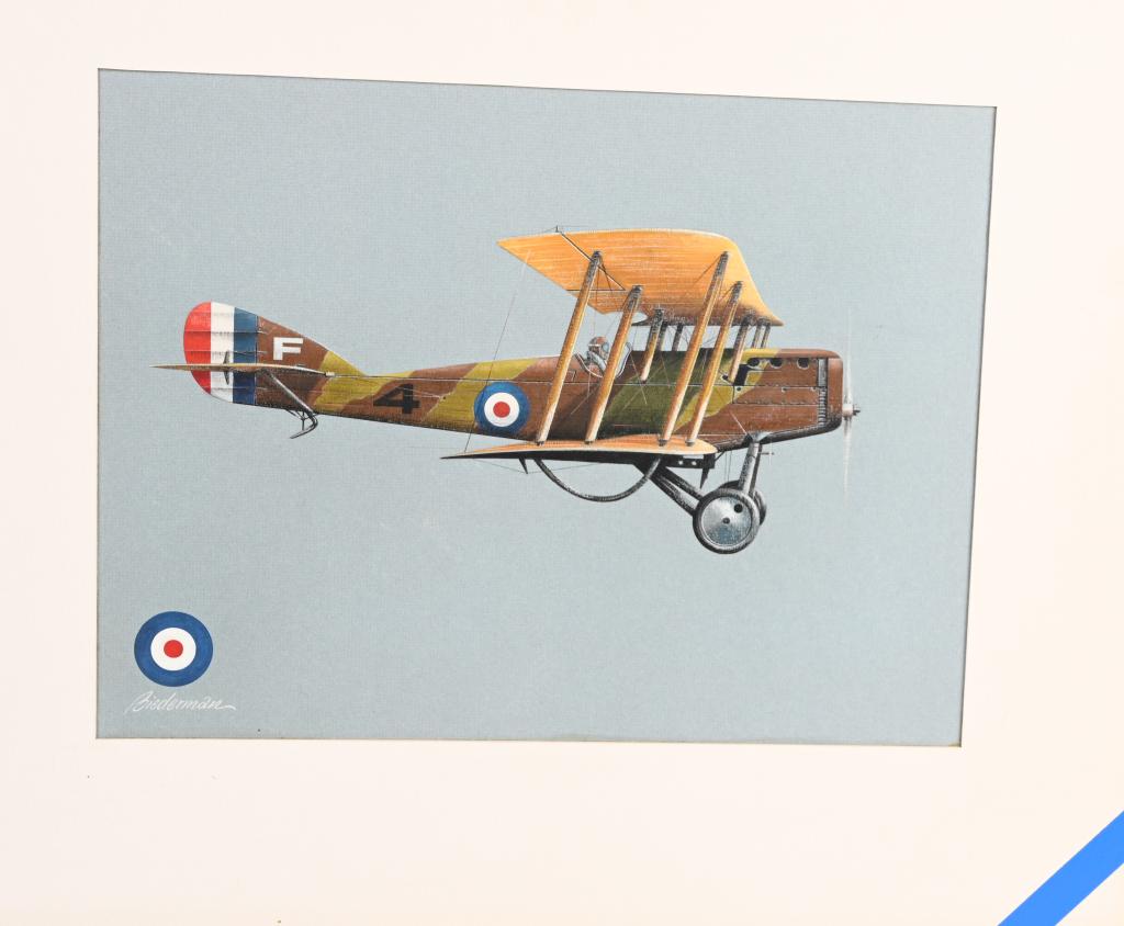 WW1 BRITISH MARTINSYDE G.102 ELEPHANT PAINTING: WWI original aircraft on art board that measures 25?x20?. Illustrated image measures 19?x14.25?. This particular aircraft is identified at the bottom and sighed by the artist. Jerome Biederman was bor