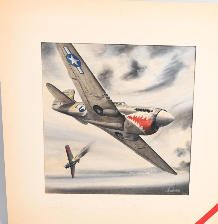 WWII FLYING TIGERS P-40F PAINTING BY BIEDERMAN: WWII original aircraft on art board that measures 25x20. Illustrated image measures 19?x14.25?. This particular aircraft is identified on the reverse and signed by the artist to the front. Jerome Bied